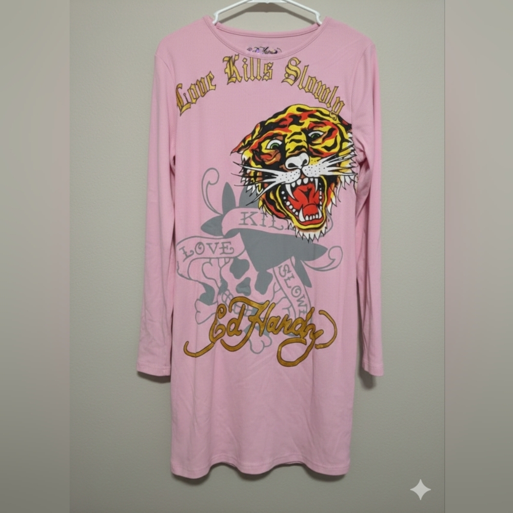 Ed Hardy Retro Flash Ribbed Mini Dress - Pink Size 1X (EUC) - Picture 6 of 12